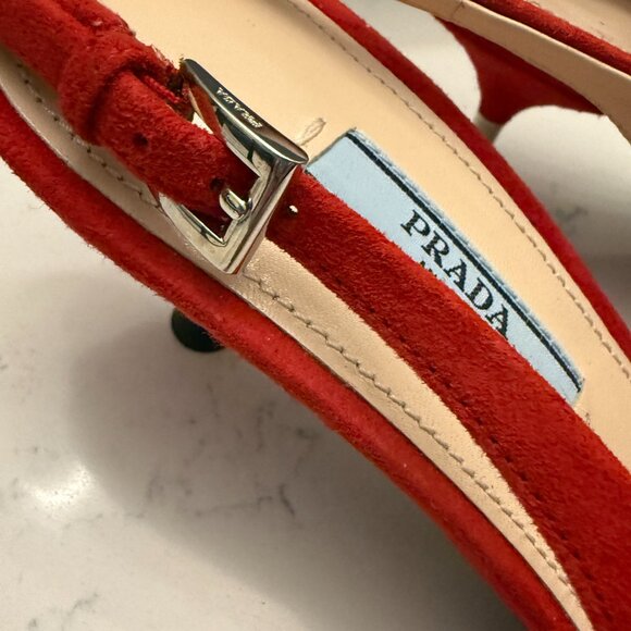 Prada Red Suede Slingback Kitten Heels Size 38 - Picture 15 of 15